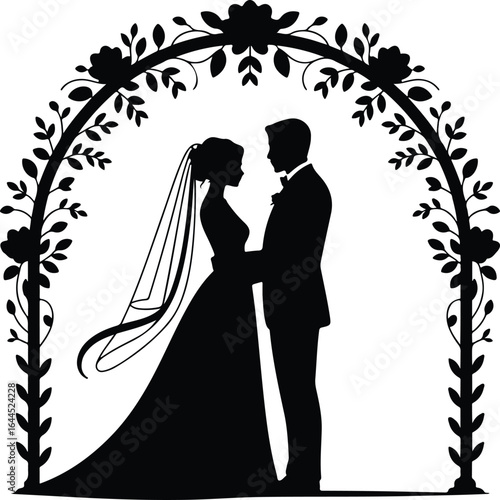 Elegant bride and groom under floral archway celebration