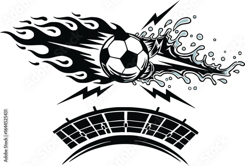 A dynamic black and white graphic of a soccer ball with flames, a water splash, and lightning over a stadium.