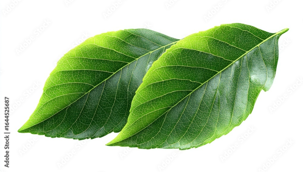 Obraz premium Two green leaves isolated on white background, nature, botany, design element