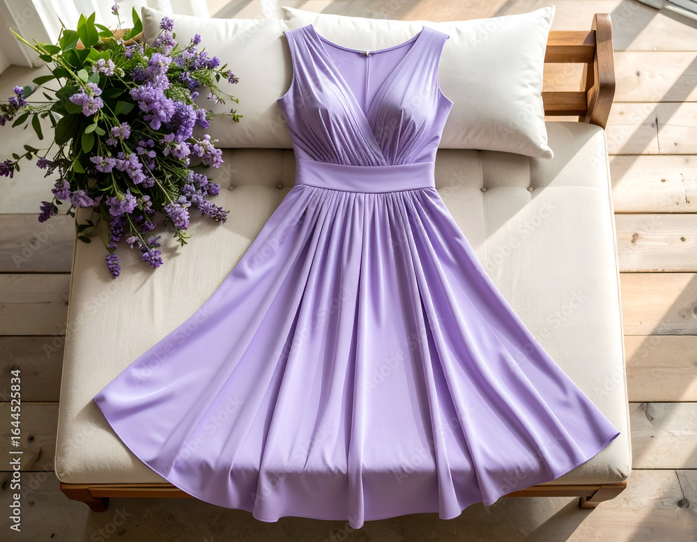 Obraz premium A serene and elegant lavender V-neck dress, gracefully arranged with flowing fabric on a pristine white cushioned bench, evoking notions of gentle summer fashion or a sophisticated special occasion.