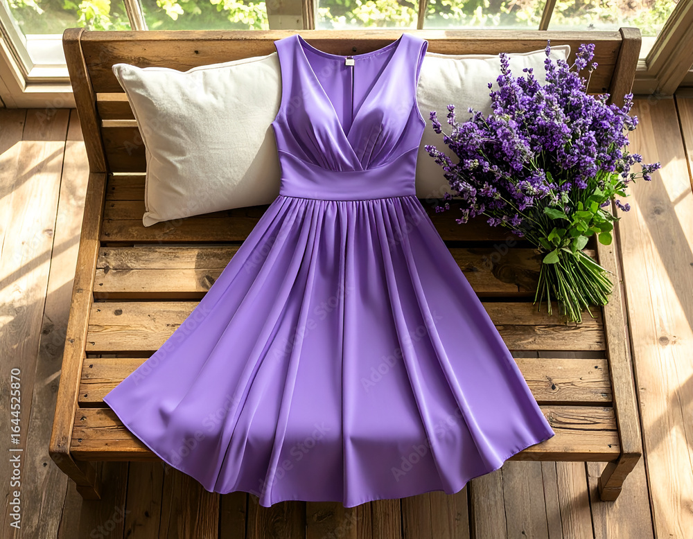 Obraz premium Elegant lavender dress gracefully arranged on a rustic wooden bench with plush cushions and a fresh bouquet of flowers, perfect for spring fashion.