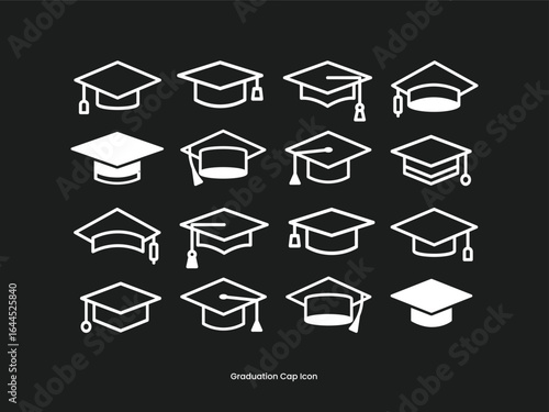 Graduation cap icon set isolated. Student hat. Simple design. Line and glyph graduation hat. Mortarboard collection 