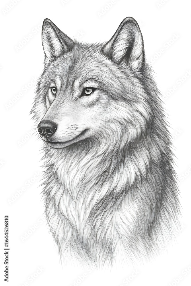Naklejka premium Realistic Black and White Pencil Drawing of a Gray Wolf Head on White Background