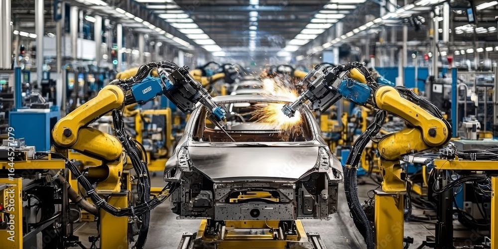 Fototapeta premium Advanced automotive factory utilizes cutting-edge technology for enhanced efficiency.