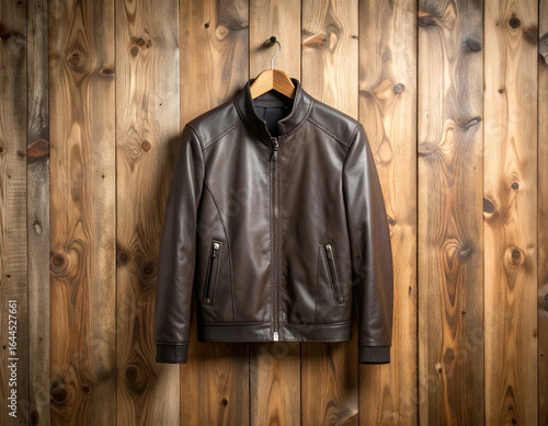 Elegantly displayed, a classic men's brown leather jacket hangs on a textured, rustic wooden wall, softly illuminated to showcase its timeless style and quality craftsmanship.