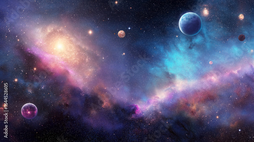 Planets and galaxies with constellations in colorful cosmos with stars. Fantastic magical starry sky in outer space