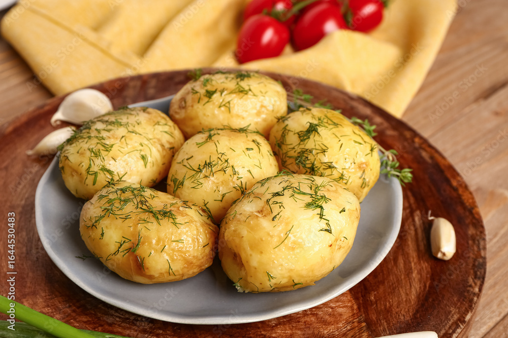 Fototapeta premium Plate of boiled baby potatoes with dill on wooden background