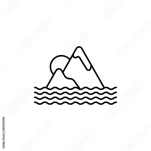 Minimal mountain, sun and sea water lake logo illustration vector