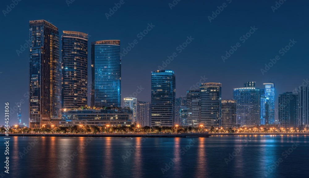 Night cityscape, waterfront, skyscrapers, reflections, urban development, tourism, poster Night cityscape, waterfront, skyscrapers, reflections, urban development, tourism, poster