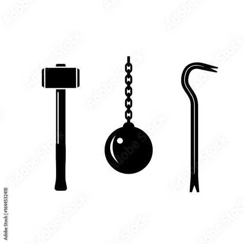 A sledgehammer, wrecking ball, and crowbar are depicted in a simple, black-and-white illustration, ideal for construction, demolition, or security themes.  The image is clean and vector based,
