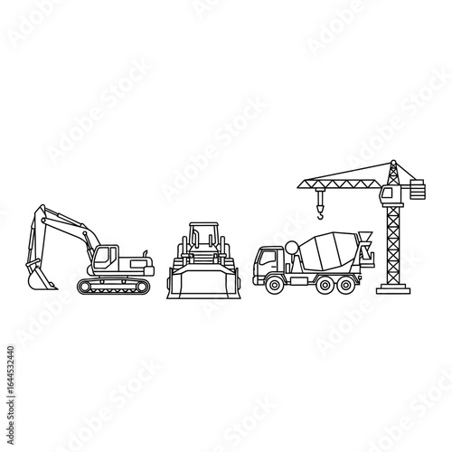 A clean line art illustration set featuring essential heavy construction machinery, including an excavator, bulldozer, concrete mixer truck, and crane.