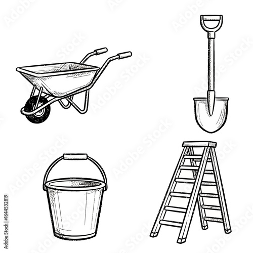 Hand-drawn illustration of gardening tools including a wheelbarrow, shovel, bucket, and stepladder, perfect for DIY, home improvement, or construction projects needing a rustic, hand-drawn aesthetic.