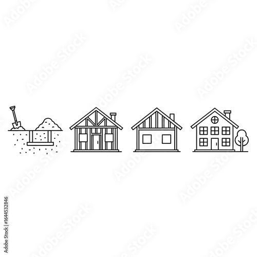 A conceptual black and white line art illustration depicting the sequential stages of house construction, from excavation to a finished home.