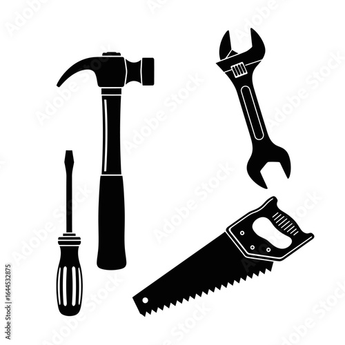 A collection of essential hand tools including a hammer, screwdriver, adjustable wrench, and saw, presented in a clean silhouette style.