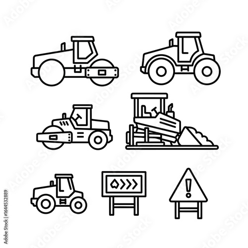A vector illustration features a collection of construction vehicles, including road rollers, tractors, and bulldozers, alongside road signs, all rendered in a clean, minimalist style.