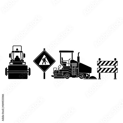 Construction equipment including a road roller, paver, warning sign, and barrier, depicted in a clean black and white silhouette style.