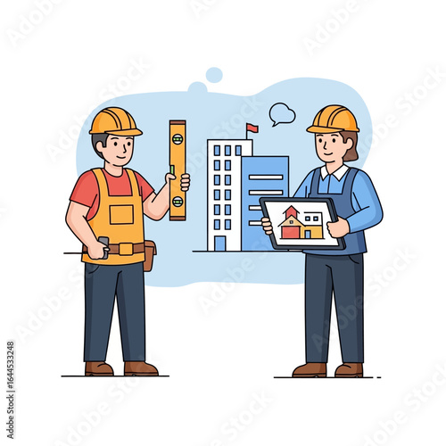 Two construction workers, one holding a level and the other holding a tablet with a house design, collaborate on a building project in a light, airy setting.