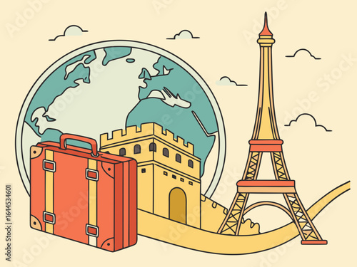 Travel the world with iconic landmarks and a vintage suitcase