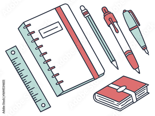 Collection of school supplies including notebook pens and ruler