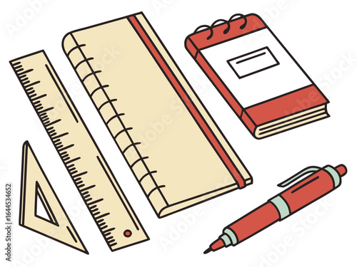 School supplies including notebooks ruler triangle and pen