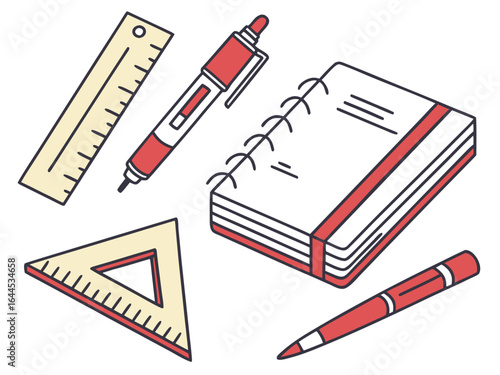 School and office supplies including ruler pen and notebook
