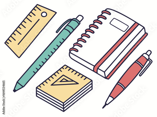 Collection of school supplies including pens rulers and a notebook
