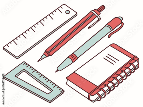 Collection of isometric school supplies including pens rulers and a notebook