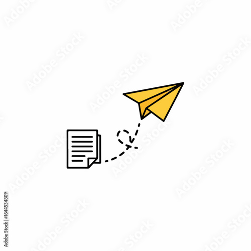 Yellow paper airplane soaring from document symbolizing launching ideas and business communication strategies