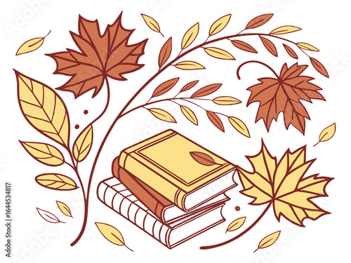Autumnal scene with stack of books and falling leaves
