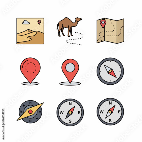 Explore adventure with desert maps, camels, and navigation compasses for travel planning