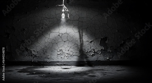 Hanging Light Bulb Illuminates Cracked Wall