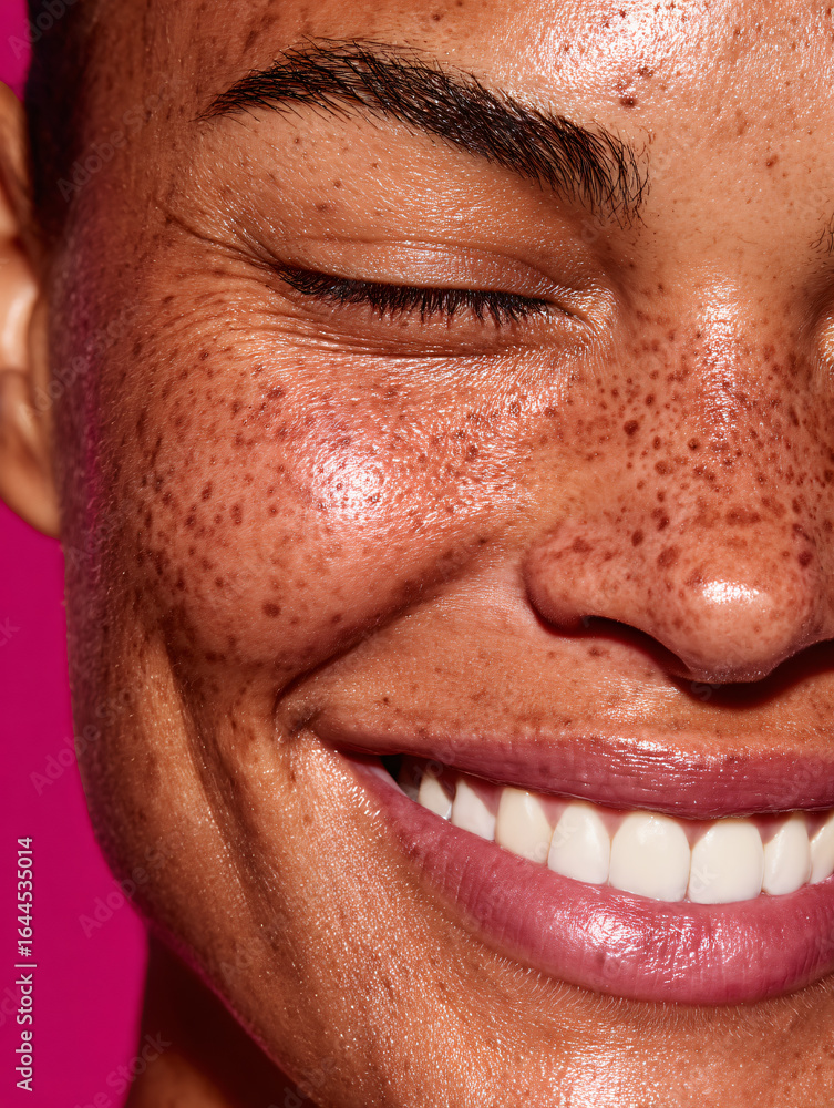 Fototapeta premium Smile Freckles Beauty Closeup Face Skin Portrait Happiness Laughter Expression Sunlight Natural Health Cheerful Diversity Cosmetics Glow Relaxation 