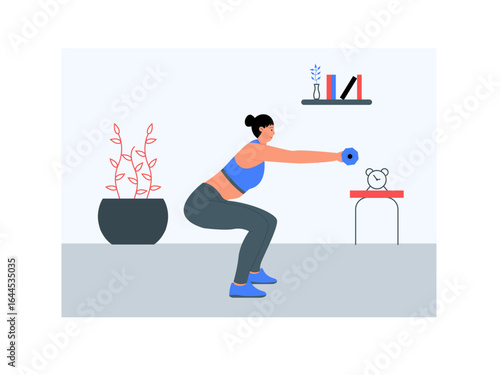 Gym class carrying dumbbells. Woman doing resistance exercises lifting weights. Fitness vector illustration. Flat illustration concept.	