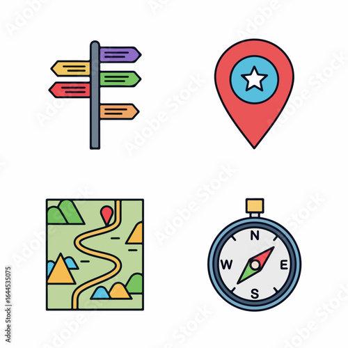 Navigate your journey with directional signs, map, location pin, and compass icons for travel planning.