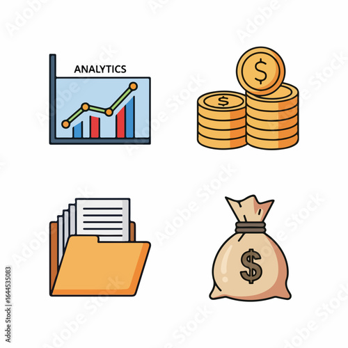 Financial growth icons showing analytics chart coins folder and money bag for business success