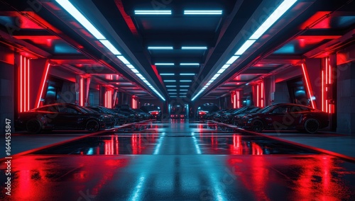 Futuristic underground garage bathed in vibrant neon lights