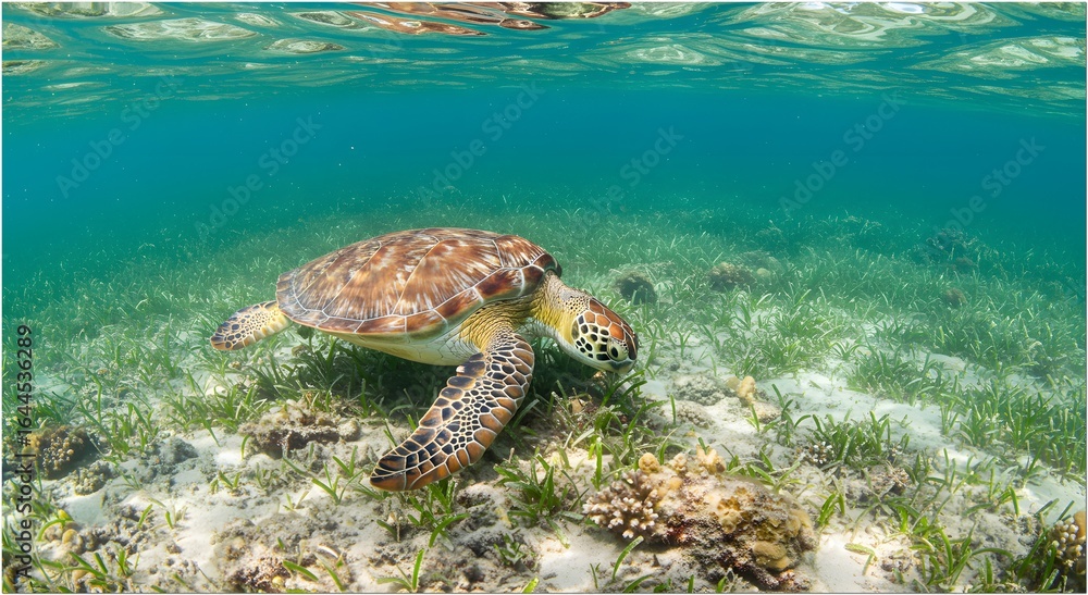 Fototapeta premium Green Sea Turtle Seagrass Meadow Indonesia Marine Sanctuary Underwater Wildlife Photography