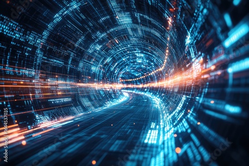 Digital tunnel, swirling code, bright streaks