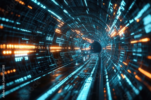 Futuristic tunnel with glowing, coded lines