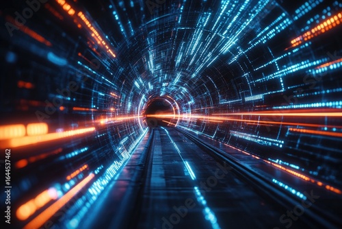 Futuristic tunnel, vibrant digital data streaks