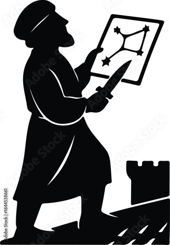 Illustrator Medieval astronomer reading star map with dagger Silhouette vector