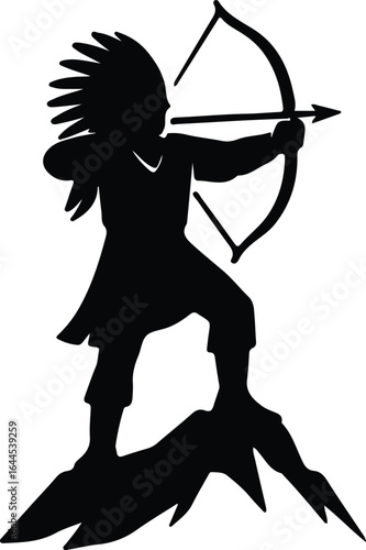 Illustrator native american archer aiming with bow and arrow Silhouette vector