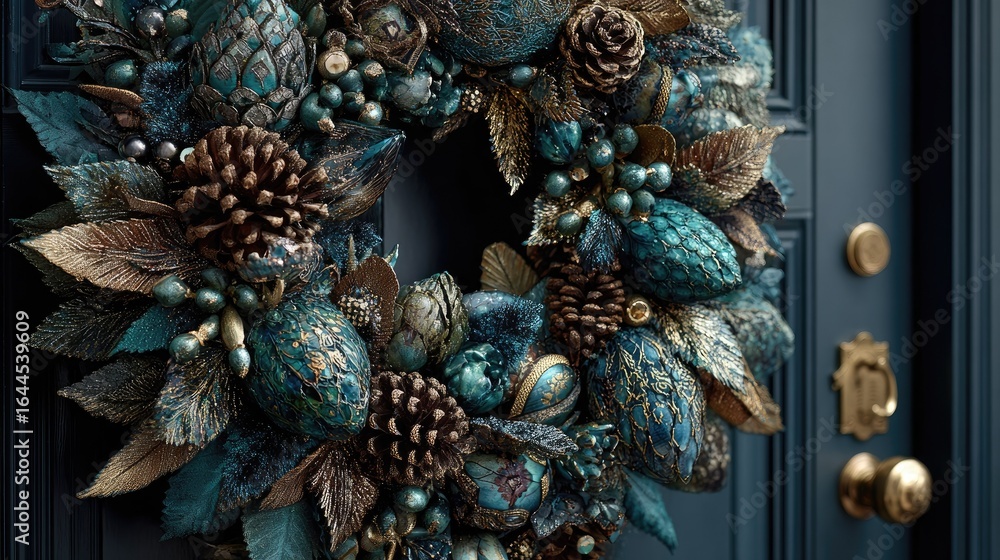 Naklejka premium Teal and gold holiday wreath on dark door