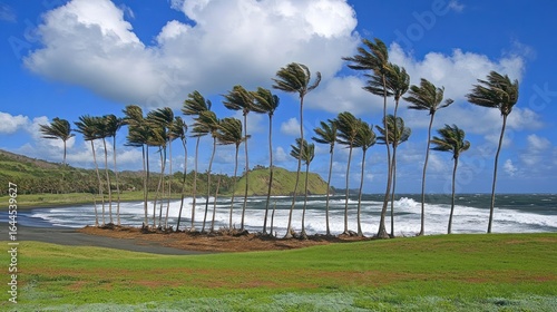Windy day at Waianapanapa State Park in Maui Hawaii featuring palm trees and black sands