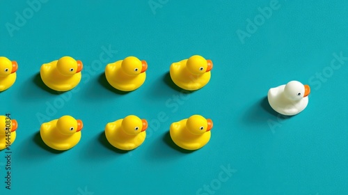 Yellow rubber ducks in a row, one white duck heads in another direction