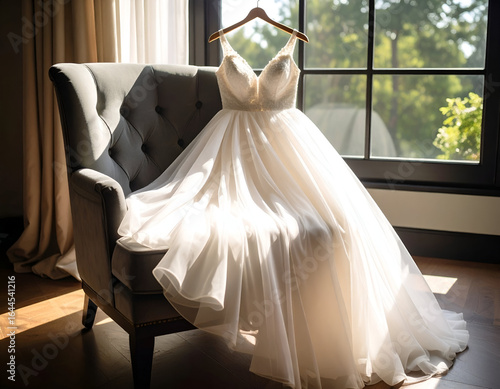 A beautiful bridal gown with a flowing tulle skirt rests on a gray armchair in the morning sunlight before the ceremony.