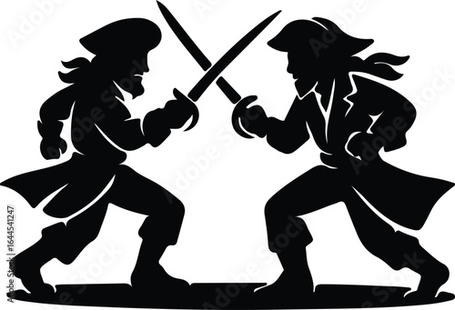 Illustrator Pirates dueling with swords in silhouette style vector