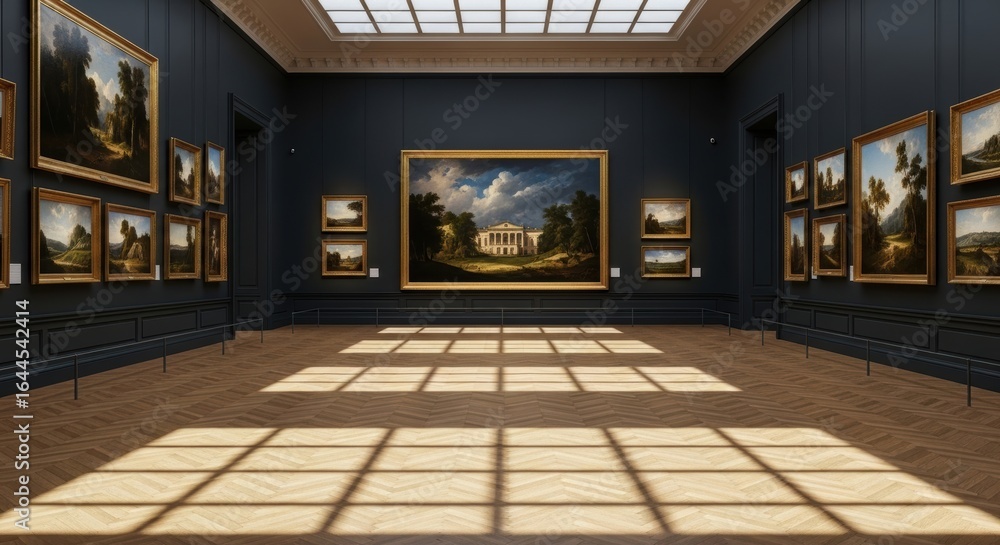 Fototapeta premium Empty art gallery with numerous framed paintings on dark walls and sunlit floor