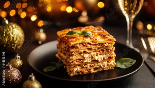 Wallpaper Mural Festive lasagna on black plate, holiday setting Torontodigital.ca