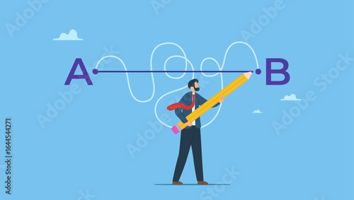 Businessman holding pen leads a drawing line from point A to point B. Shortest distance to goal, straight and complicated path, easy or shortcut way to win business success or hard path and obstacle.